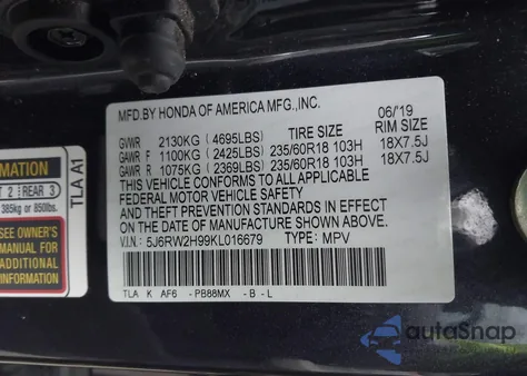 2019 Honda Cr-V Touring z USA, uszkodzony, nr VIN 5J6RW2H99KL016679